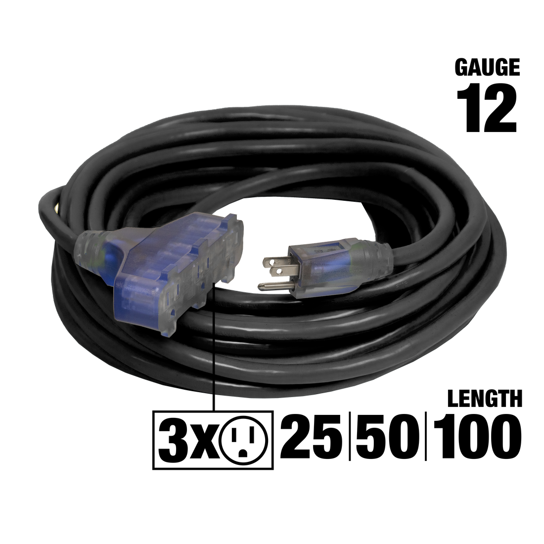 Outdoor Dual Lighted 3Outlet CGM Extension Cords Bad Ass Extension Cords