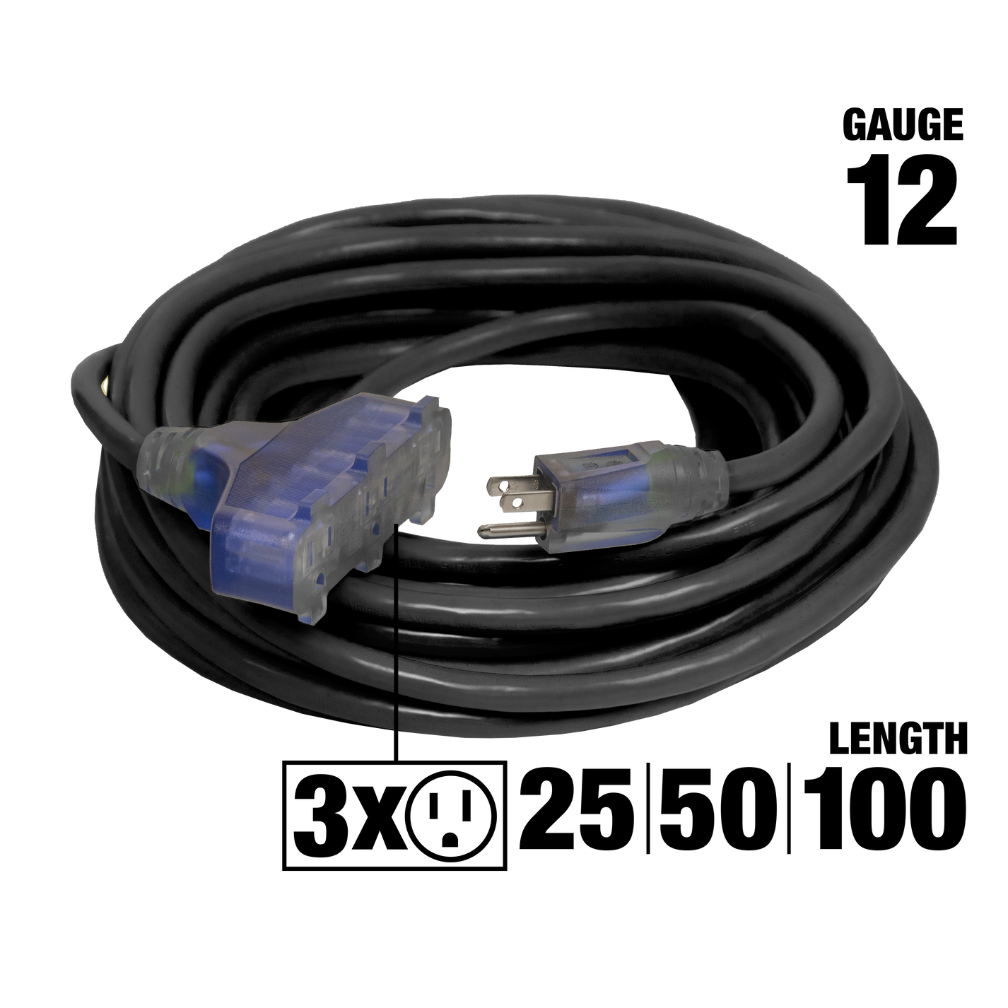 Outdoor Dual Lighted 3Outlet CGM Extension Cords Bad Ass Extension Cords